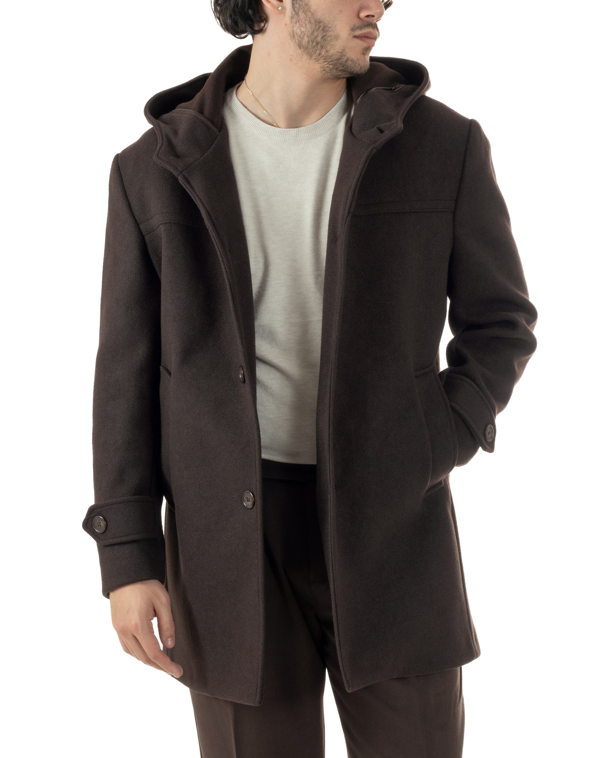 Cappotto Uomo Cappuccio Monopetto Tinta Unita Marrone CO1106A