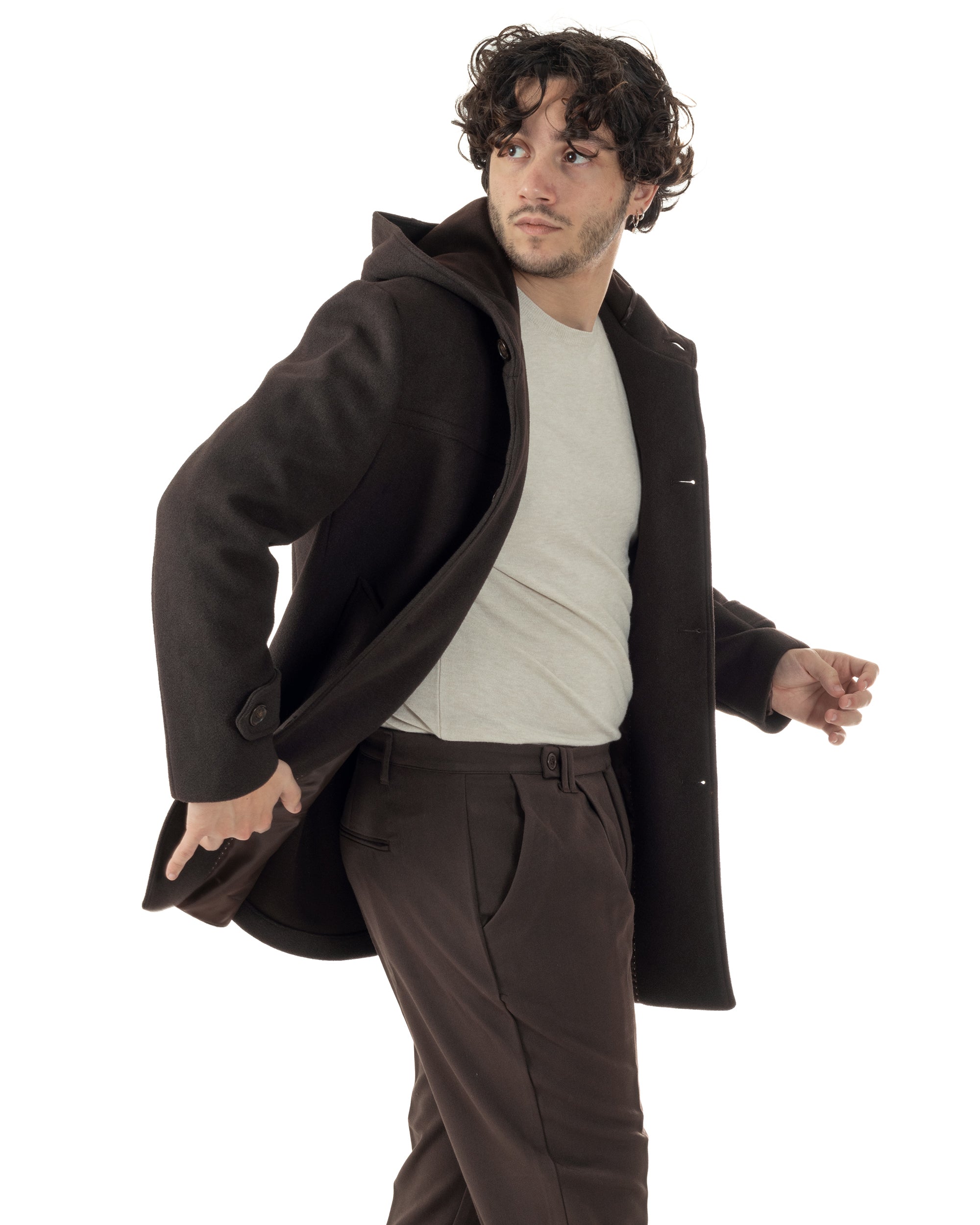 Cappotto Uomo Cappuccio Monopetto Tinta Unita Marrone CO1106A