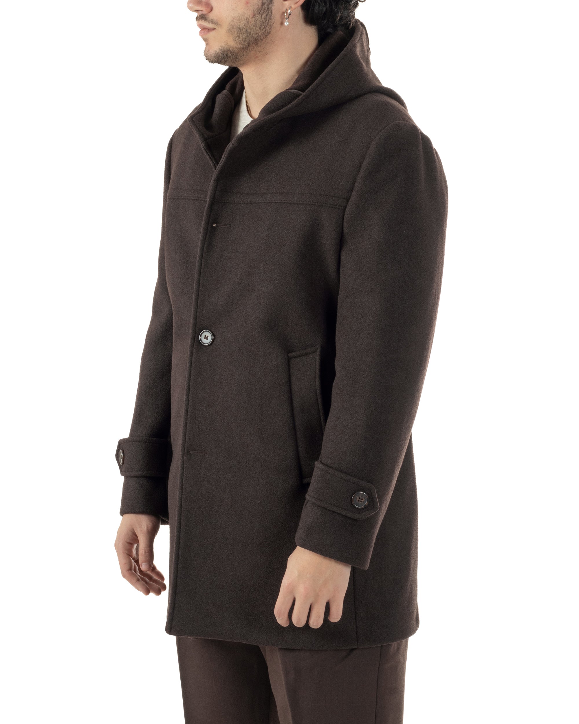 Cappotto Uomo Cappuccio Monopetto Tinta Unita Marrone CO1106A