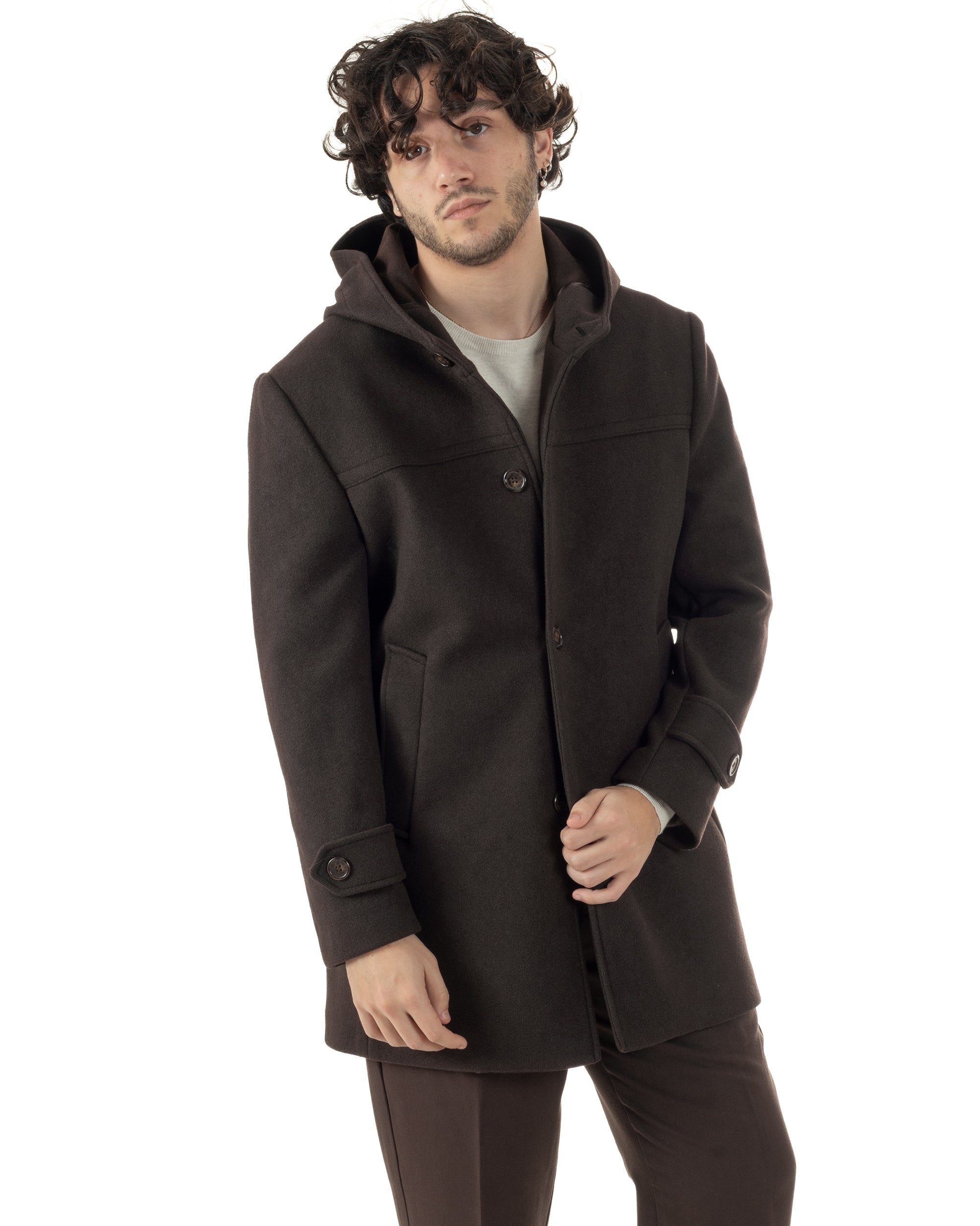 Cappotto Uomo Cappuccio Monopetto Tinta Unita Marrone CO1106A