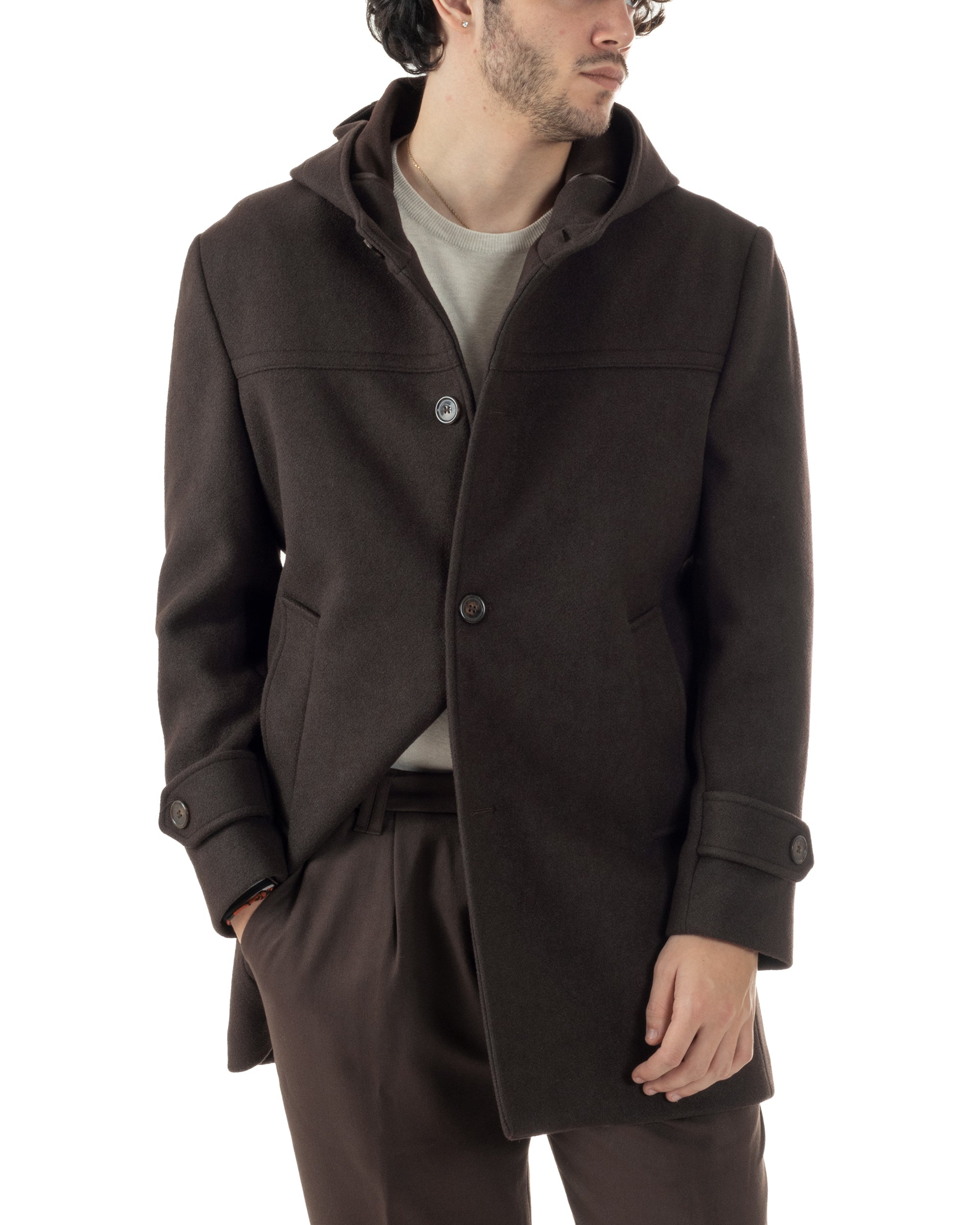 Cappotto Uomo Cappuccio Monopetto Tinta Unita Marrone CO1106A