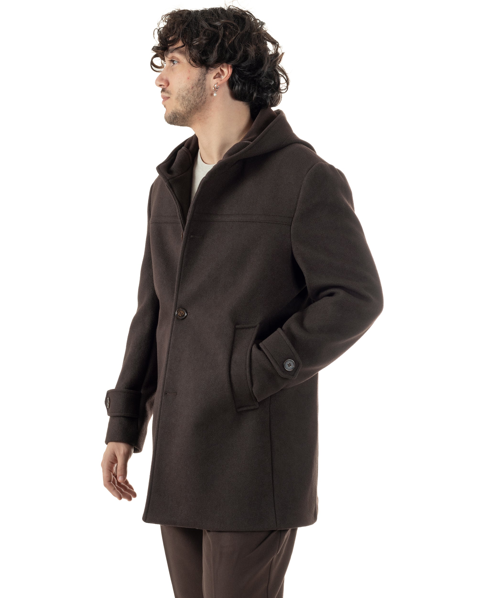 Cappotto Uomo Cappuccio Monopetto Tinta Unita Marrone CO1106A