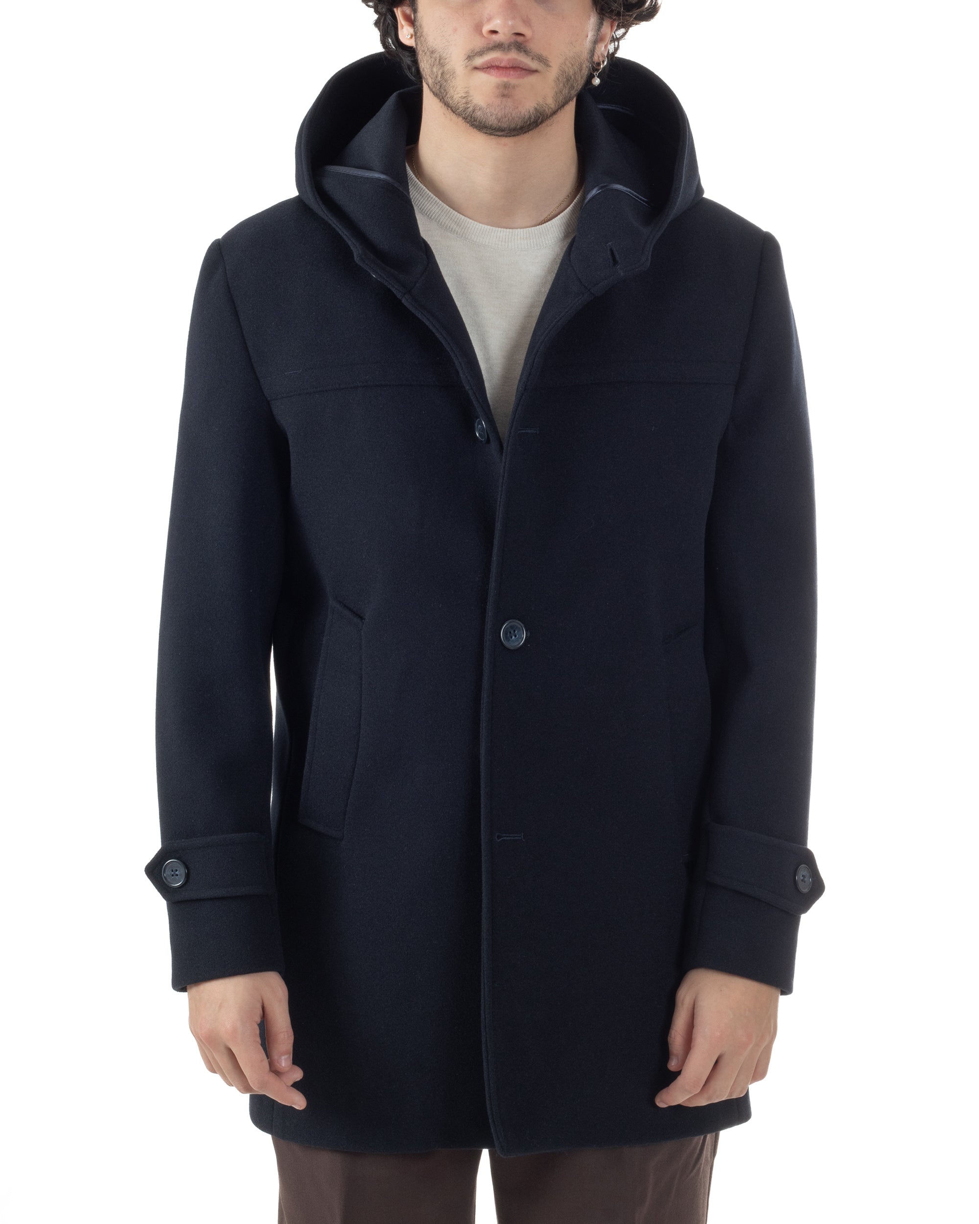 Cappotto Uomo Cappuccio Monopetto Tinta Unita Blu CO1105A