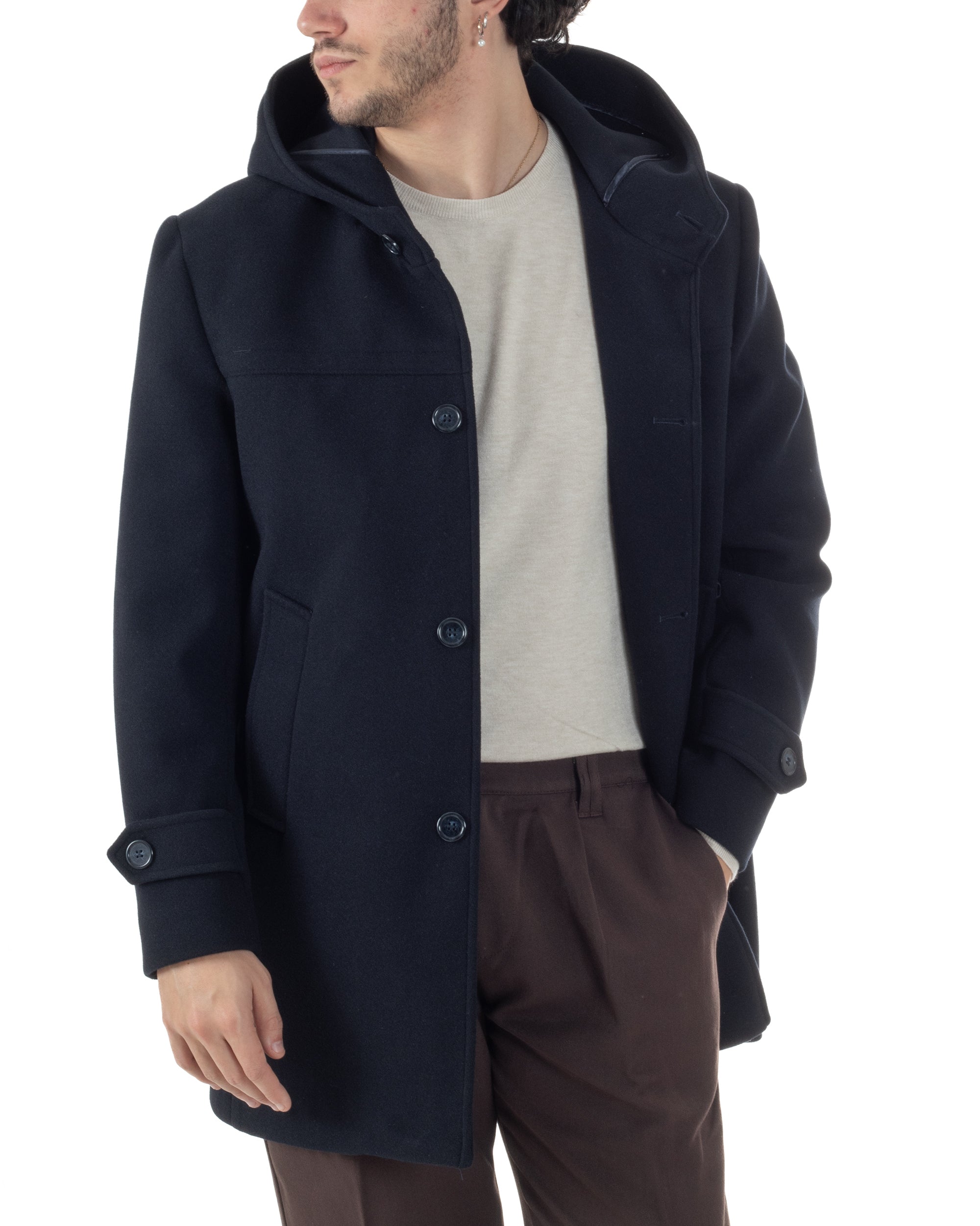 Cappotto Uomo Cappuccio Monopetto Tinta Unita Blu CO1105A