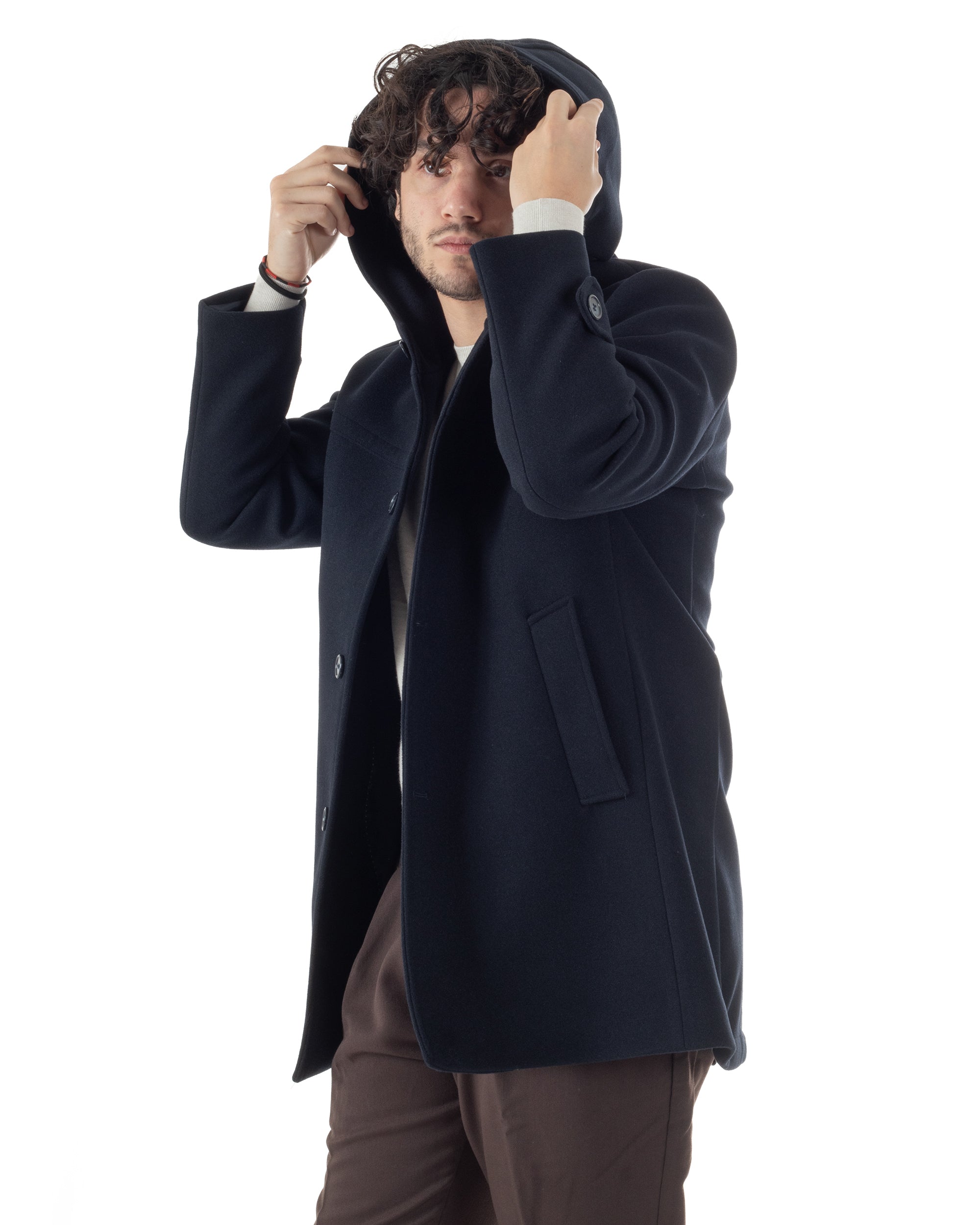 Cappotto Uomo Cappuccio Monopetto Tinta Unita Blu CO1105A