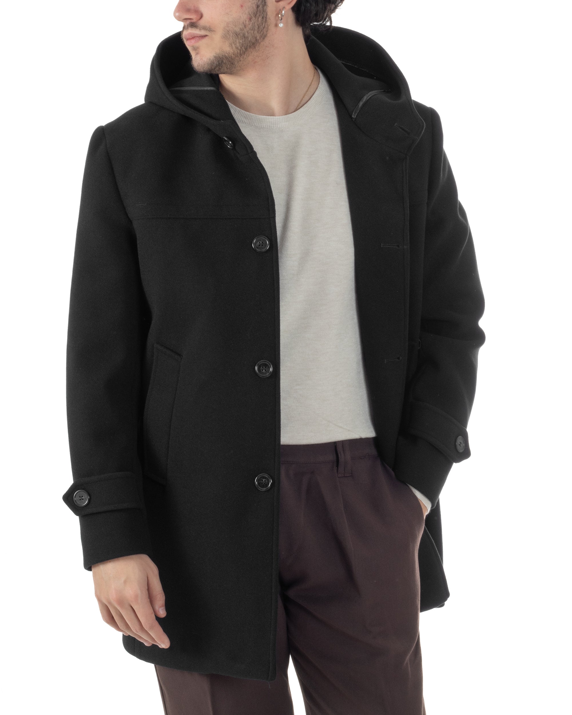 Cappotto Uomo Cappuccio Monopetto Tinta Unita Nero CO1103A