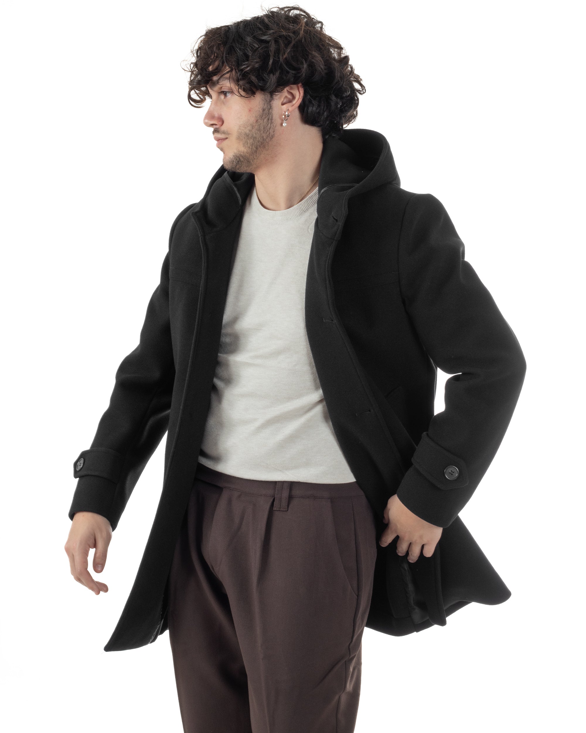 Cappotto Uomo Cappuccio Monopetto Tinta Unita Nero CO1103A