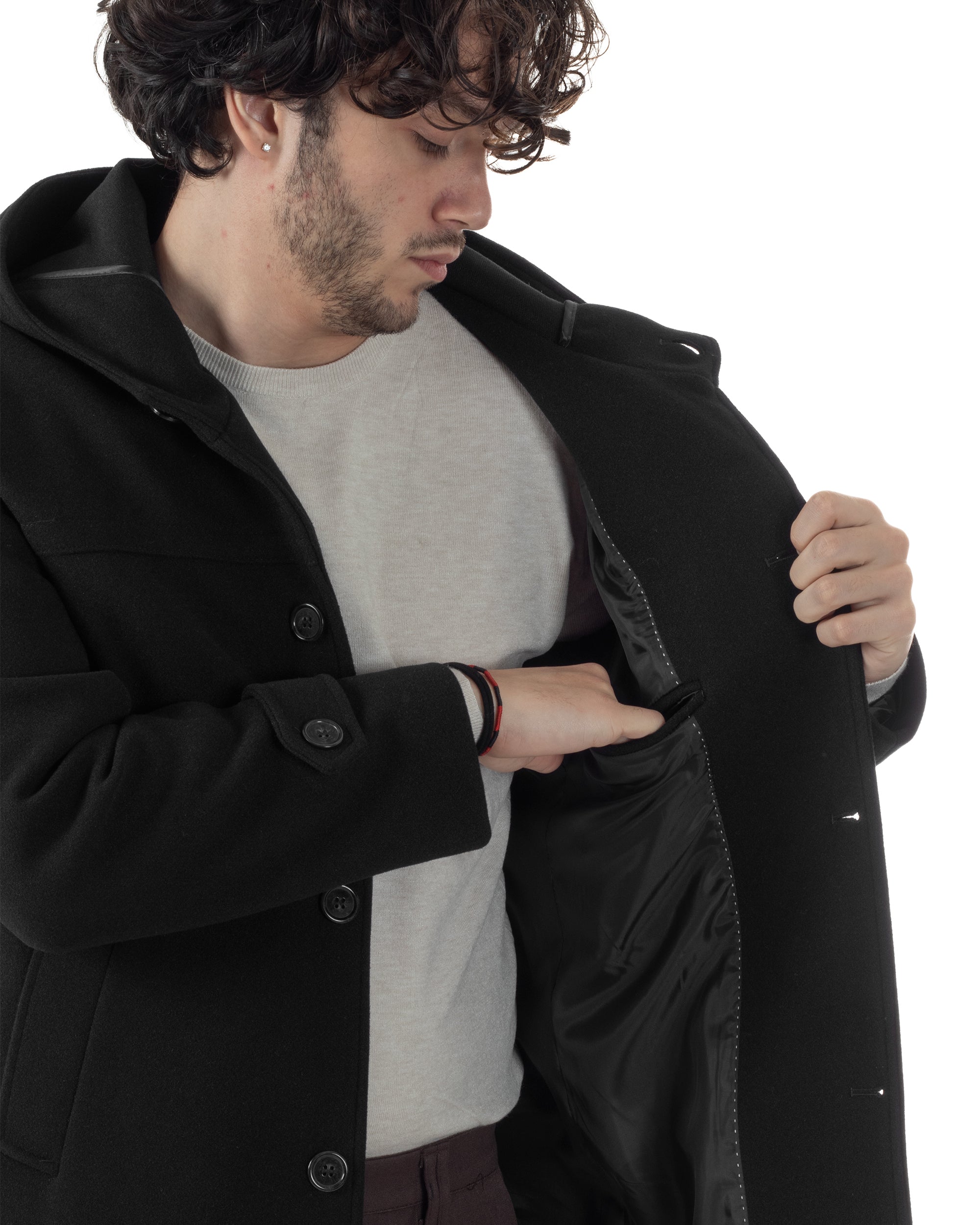 Cappotto Uomo Cappuccio Monopetto Tinta Unita Nero CO1103A