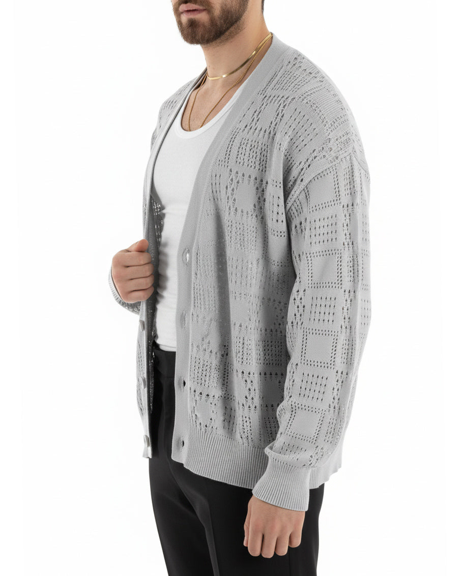 Cardigan Uomo Maglioncino Traforato Giacca Con Bottoni Grigio M2813A
