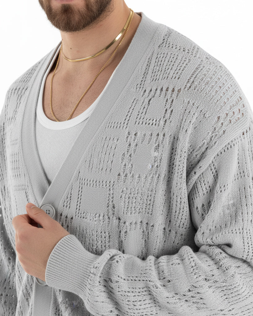 Cardigan Uomo Maglioncino Traforato Giacca Con Bottoni Grigio M2813A