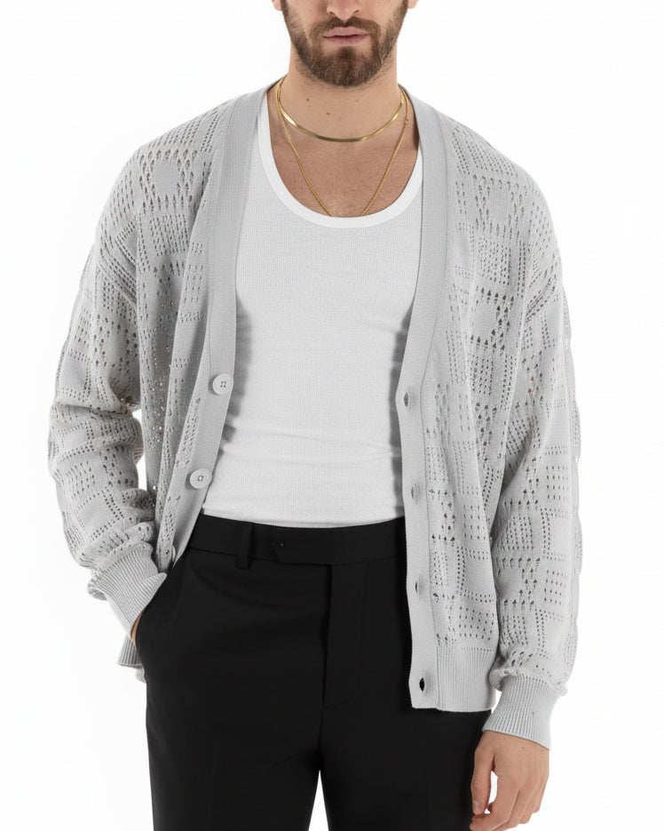 Cardigan Uomo Maglioncino Traforato Giacca Con Bottoni Grigio M2813A