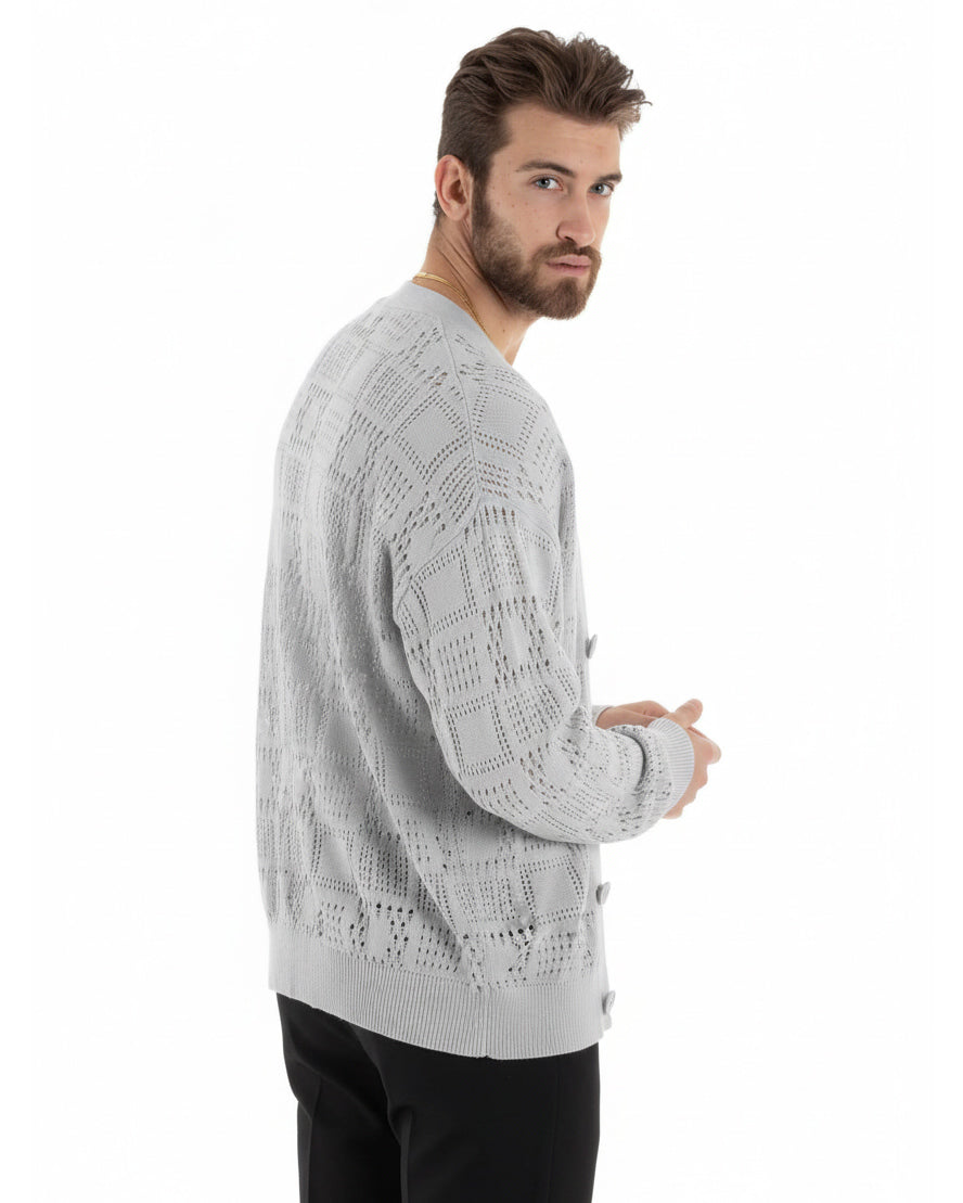 Cardigan Uomo Maglioncino Traforato Giacca Con Bottoni Grigio M2813A