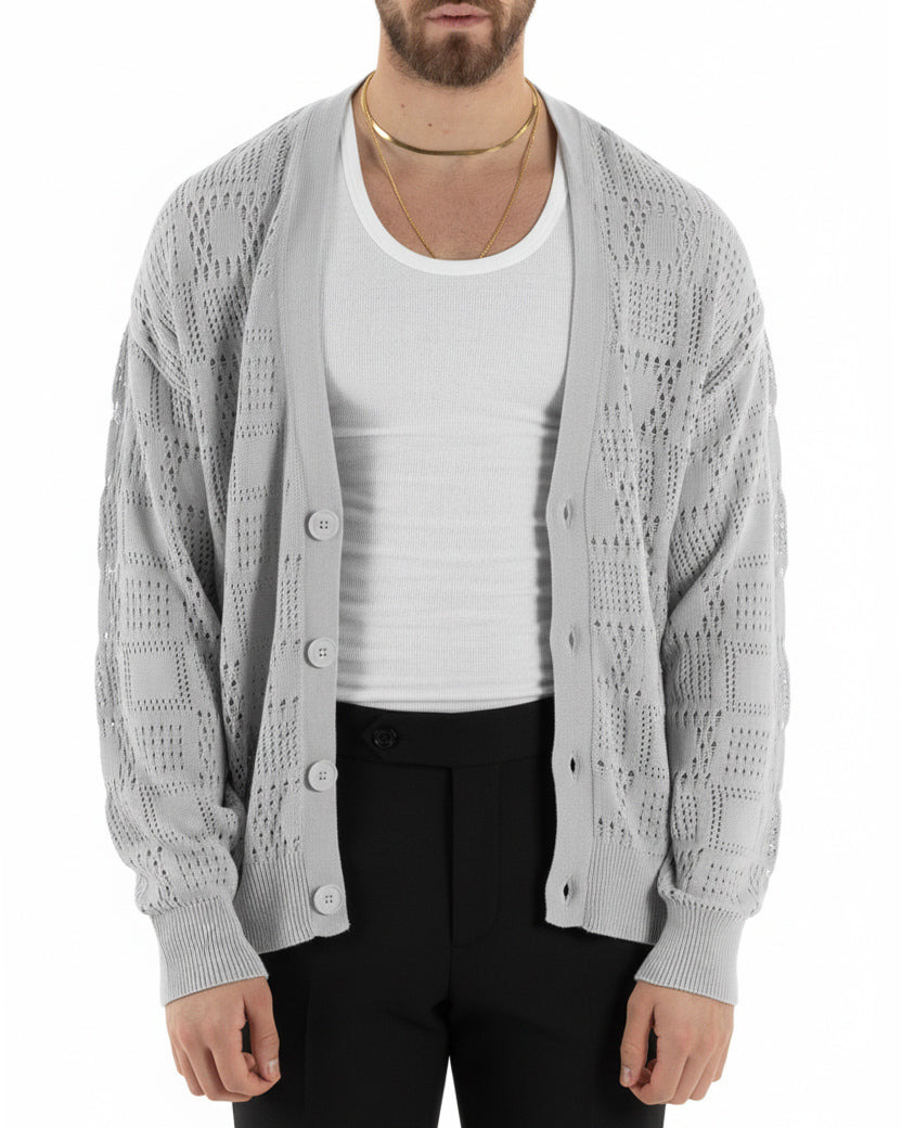 Cardigan Uomo Maglioncino Traforato Giacca Con Bottoni Grigio M2813A
