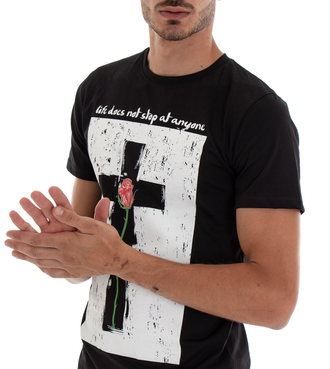Men's T-shirt Short Sleeve Shirt Print Black Cotton MOD Round Neck GIOSAL