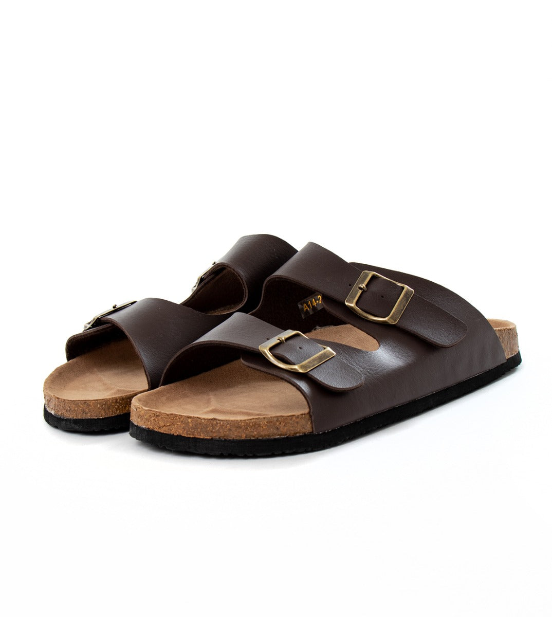 Open Sandal Faux Leather Shoes Slipper Men Unisex Double Buckle Sandals Brown GIOSAL-S1125A