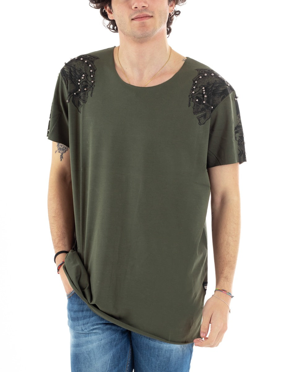 Men's T-Shirt Half Sleeve Military Green Side Skull Studs Round Neck Casual Slim Solid Color GIOSAL