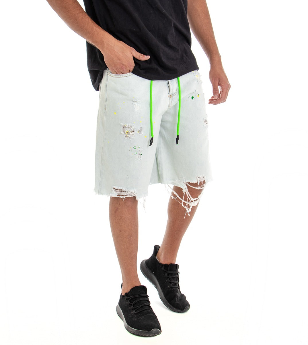 Bermuda Pantaloncino Uomo Pantaloncino Corto Shorts Denim Chiaro Rotture Macchie Pittura Over GIOSAL-PC1518A