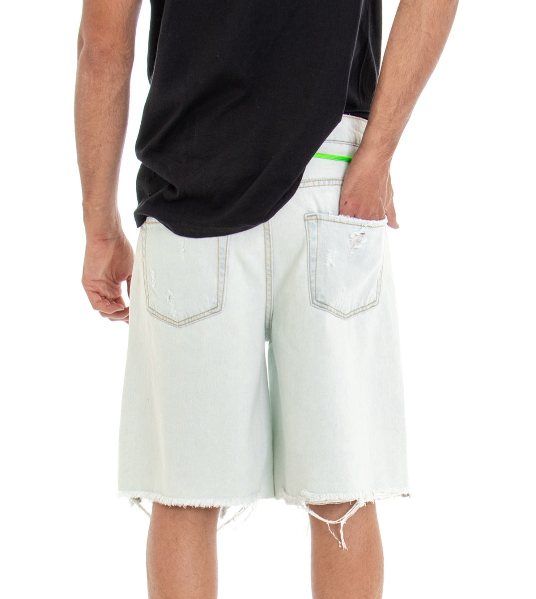 Bermuda Pantaloncino Uomo Pantaloncino Corto Shorts Denim Chiaro Rotture Macchie Pittura Over GIOSAL-PC1518A