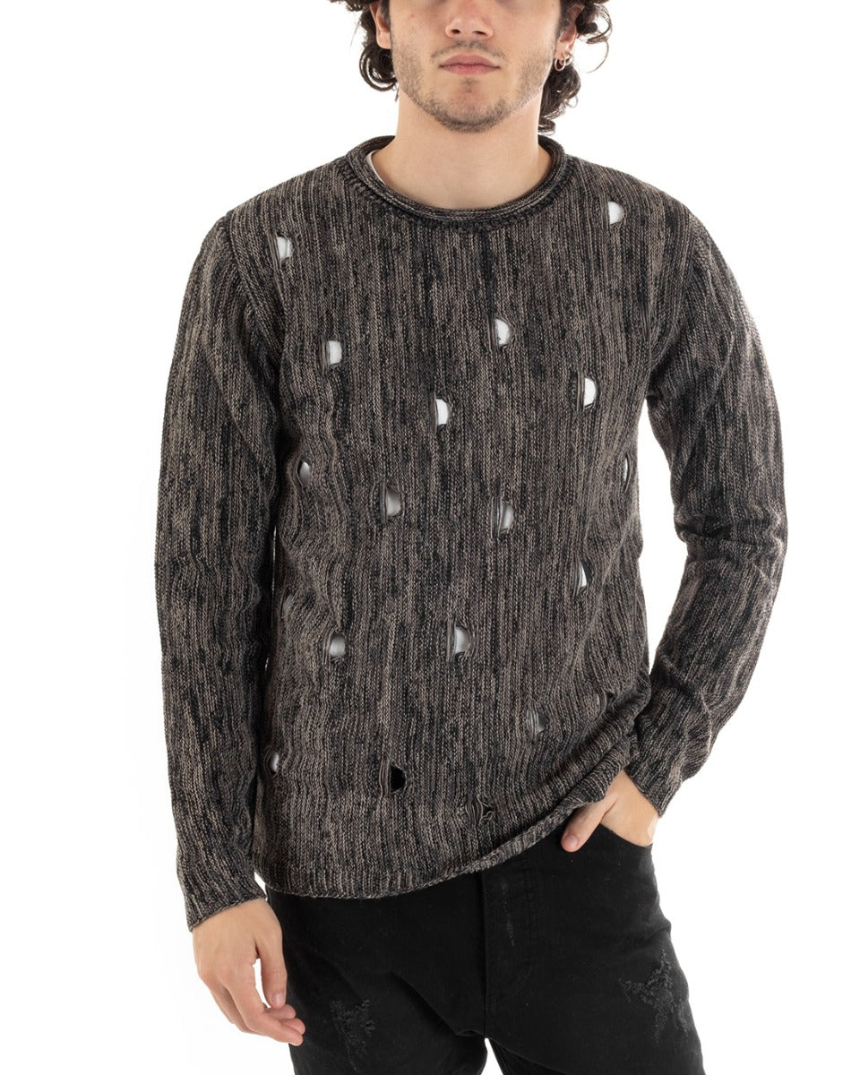 Men's Crewneck Sweater Breaks Pullover Gray Holes Casual GIOSAL