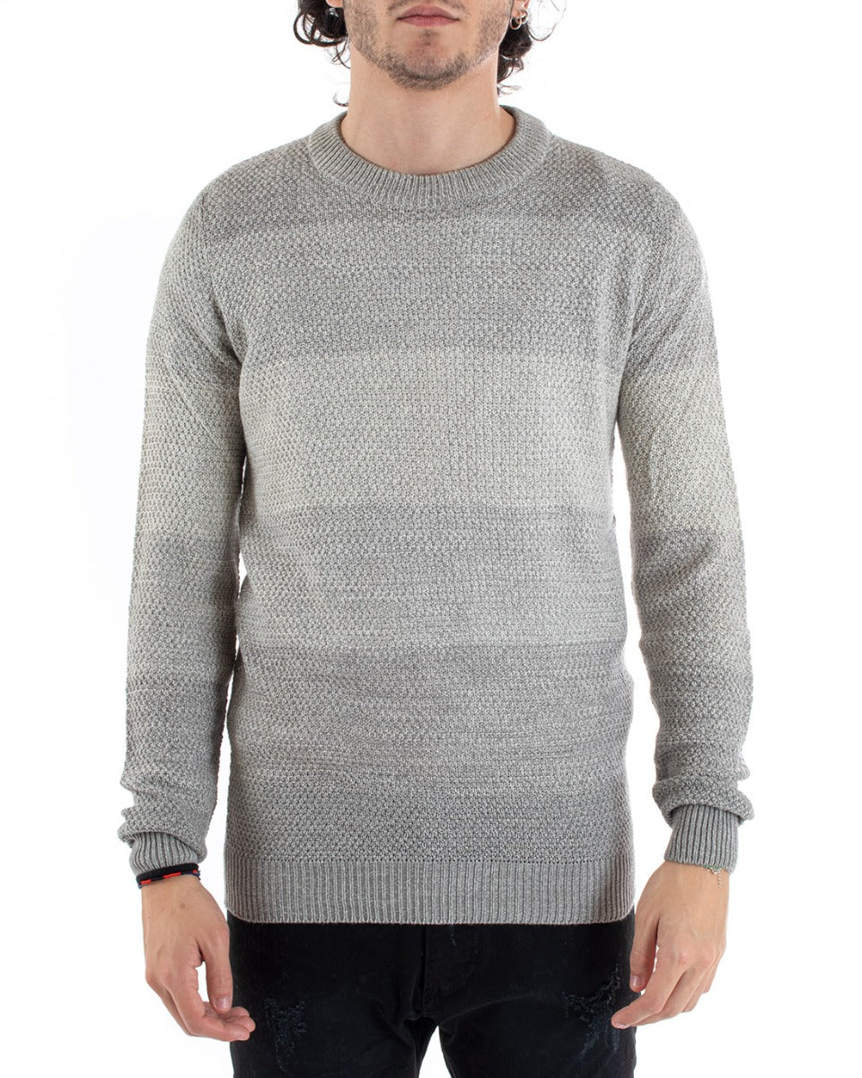 Men's Round Neck Sweater Striped Patterned Sweater Gray Melange Casual GIOSAL