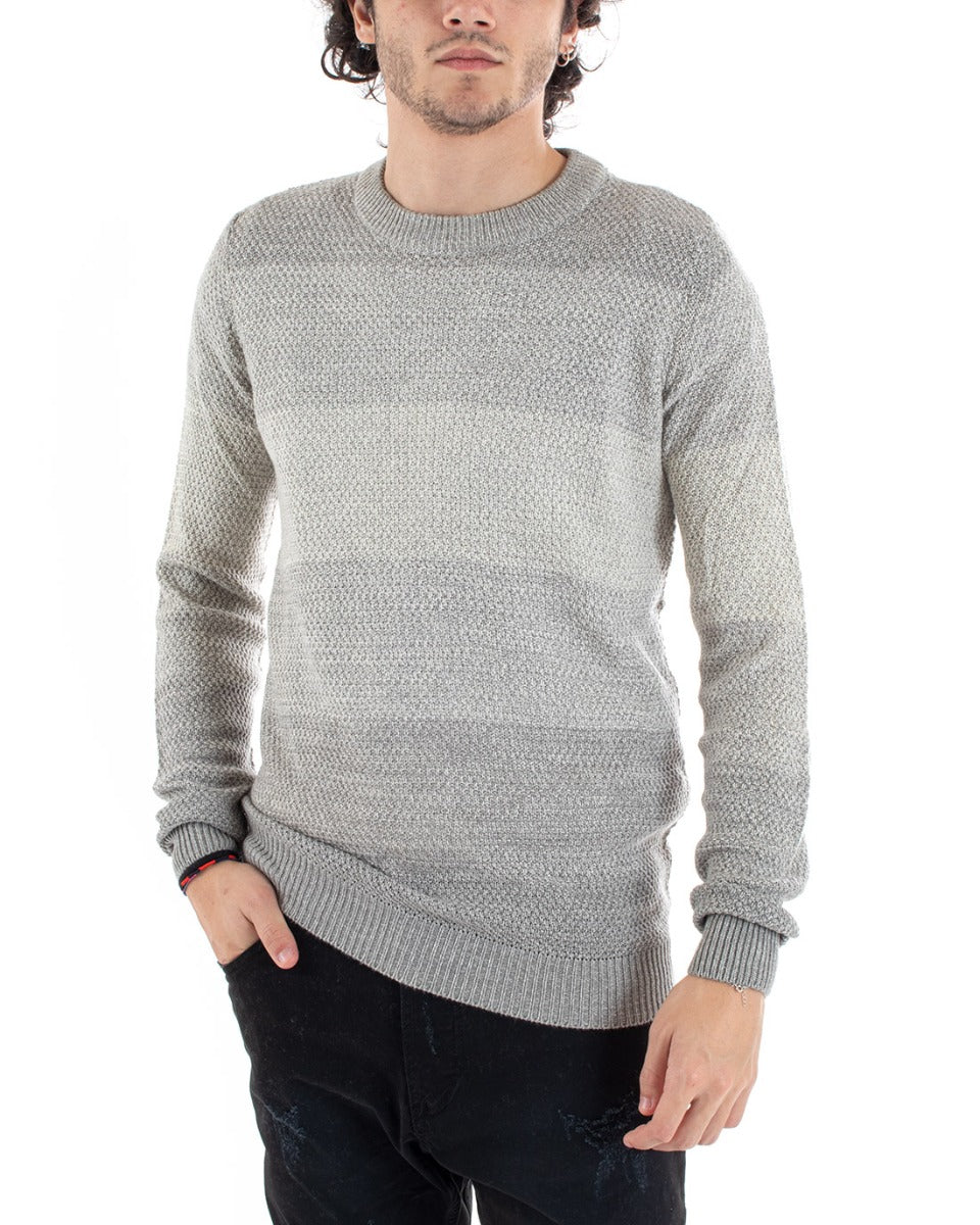 Men's Round Neck Sweater Striped Patterned Sweater Gray Melange Casual GIOSAL