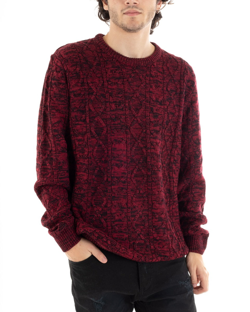 Men's Sweater Crew Neck Sweater Bordeaux Braided Pattern GIOSAL