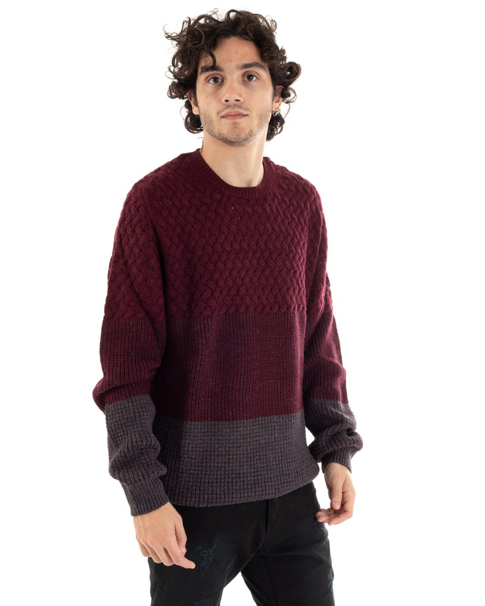 Men's Crew Neck Sweater Long Sleeve Striped Burgundy GIOSAL-M1662A