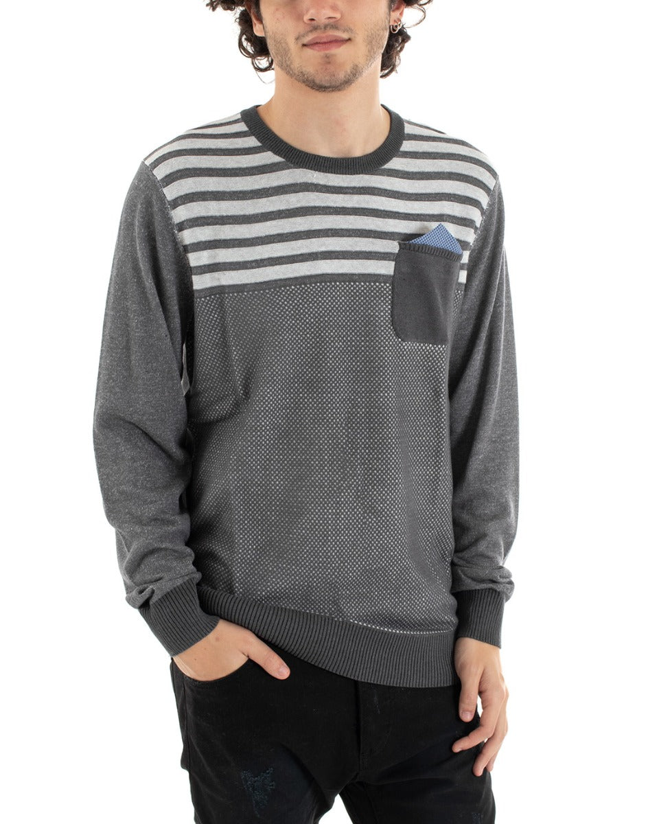 Lightweight Men's Sweater Spring Gray Crew Neck Sweater Two-Tone Stripes GIOSAL