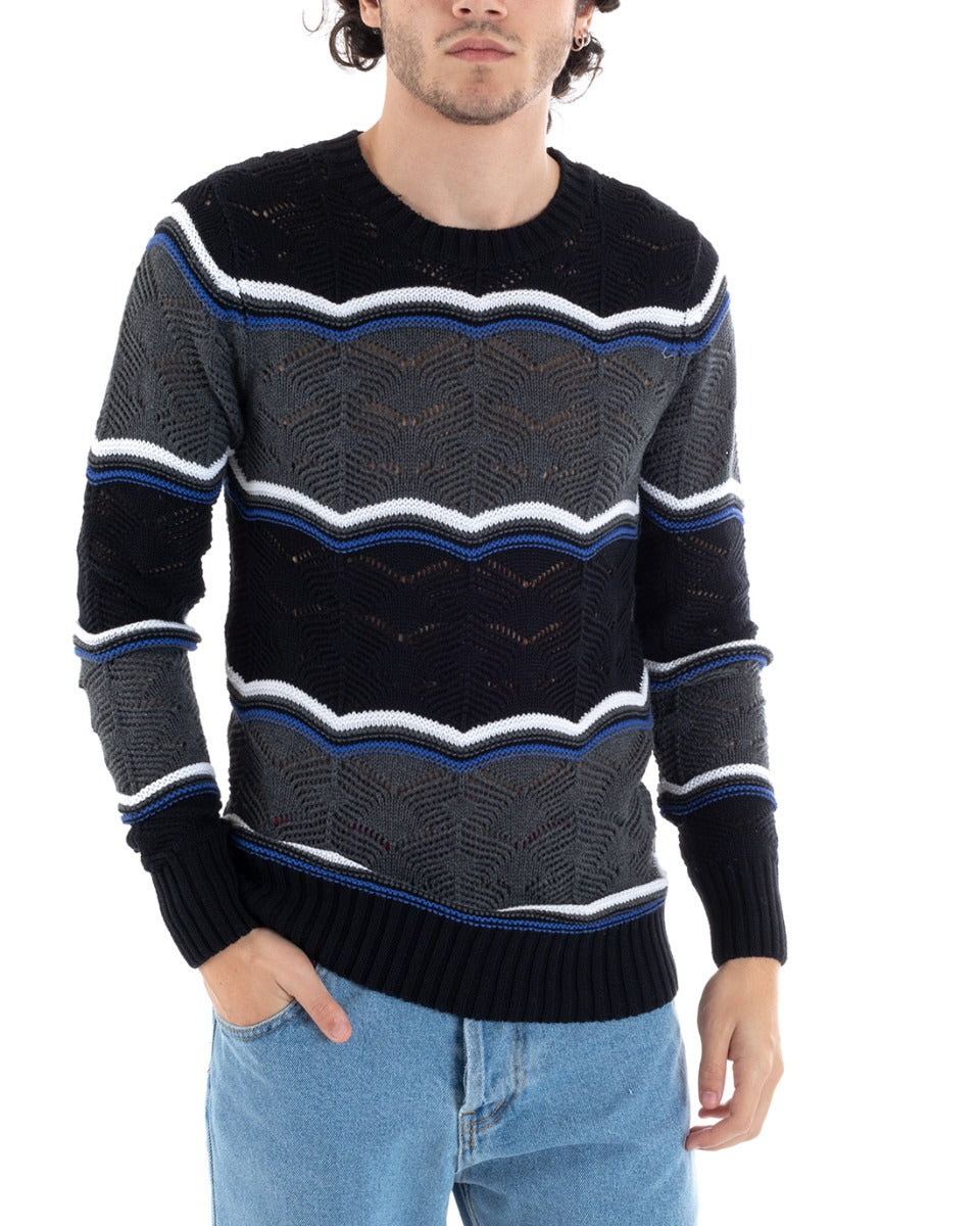Men's Sweater Gray Striped Pattern Long Sleeve Round Neck Casual GIOSAL-M2636A