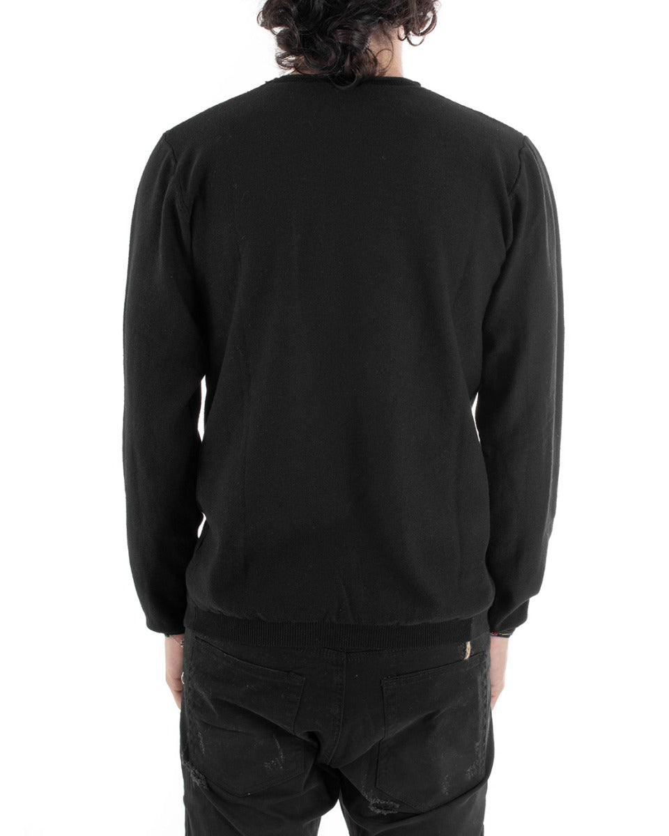 Men's Crew Neck Sweater with Clutch Effect Pocket Solid Color Black Casual GIOSAL