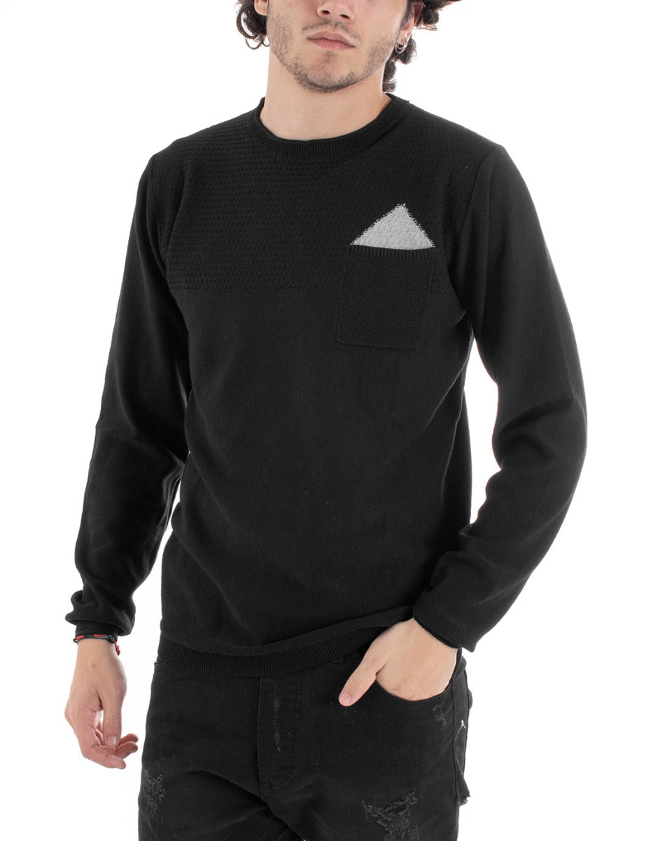 Men's Crew Neck Sweater with Clutch Effect Pocket Solid Color Black Casual GIOSAL