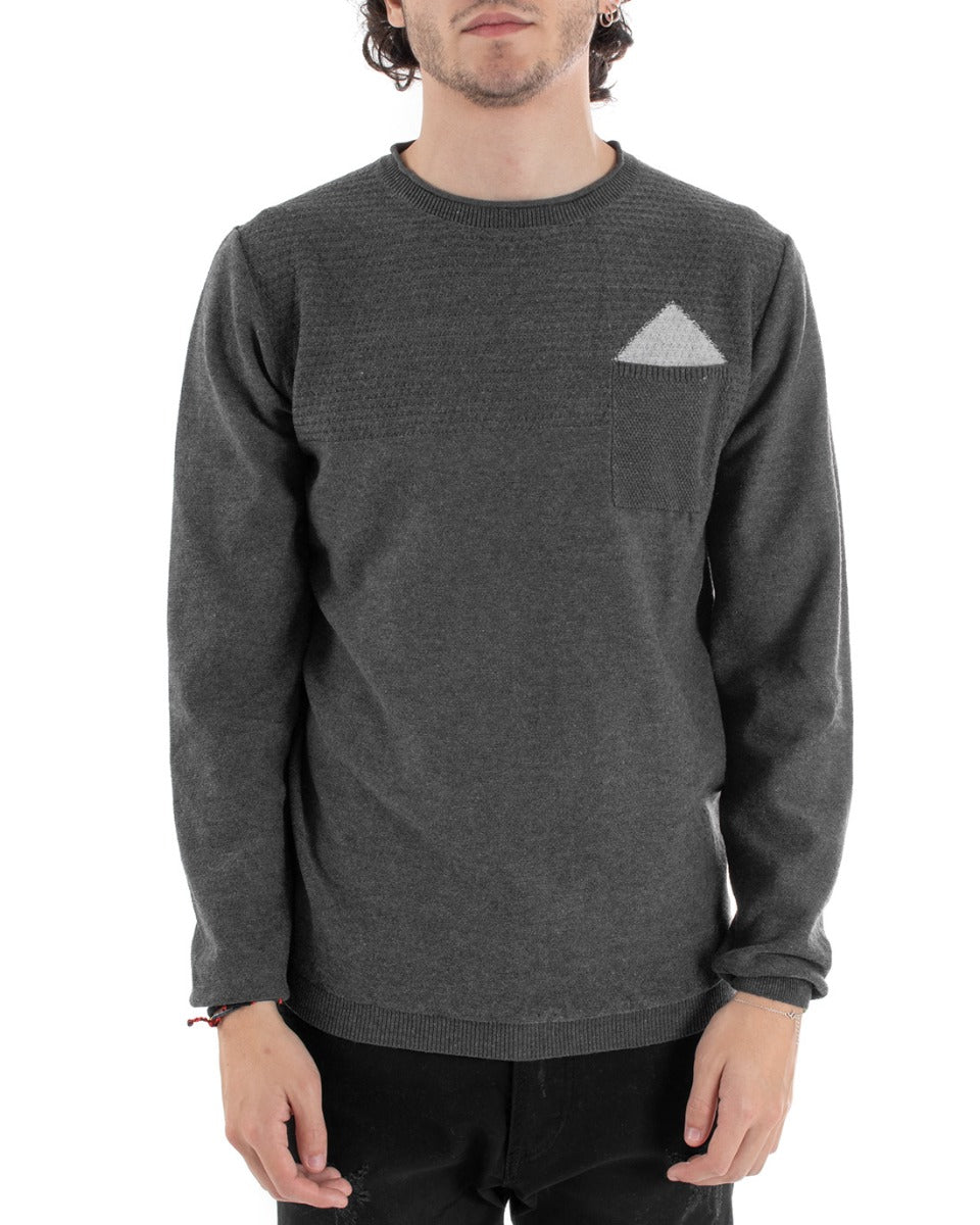 Men's Crew Neck Sweater with Clutch Effect Pocket Solid Color Dark Gray Casual GIOSAL