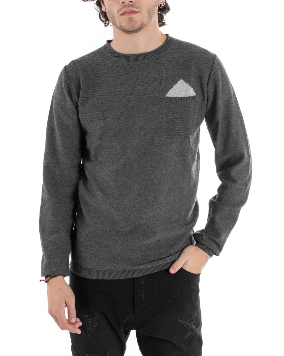 Men's Crew Neck Sweater with Clutch Effect Pocket Solid Color Dark Gray Casual GIOSAL