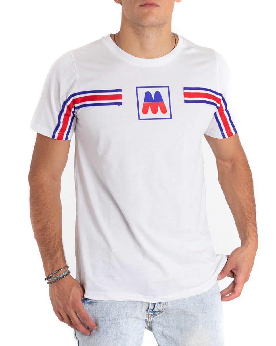 MOD White Men's T-Shirt Crew Neck Striped Cotton Short Sleeve GIOSAL TS2655A