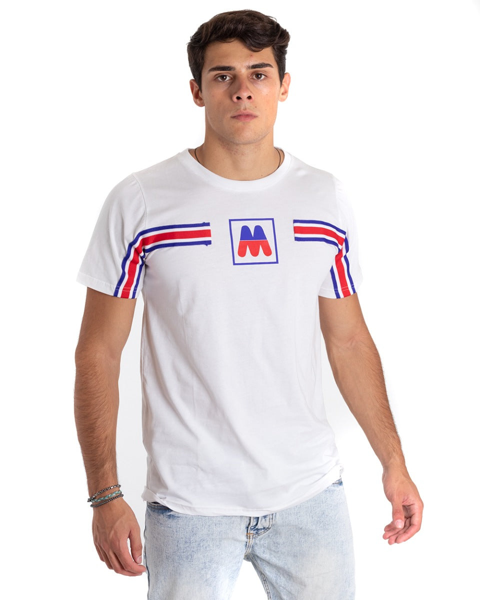 MOD White Men's T-Shirt Crew Neck Striped Cotton Short Sleeve GIOSAL TS2655A