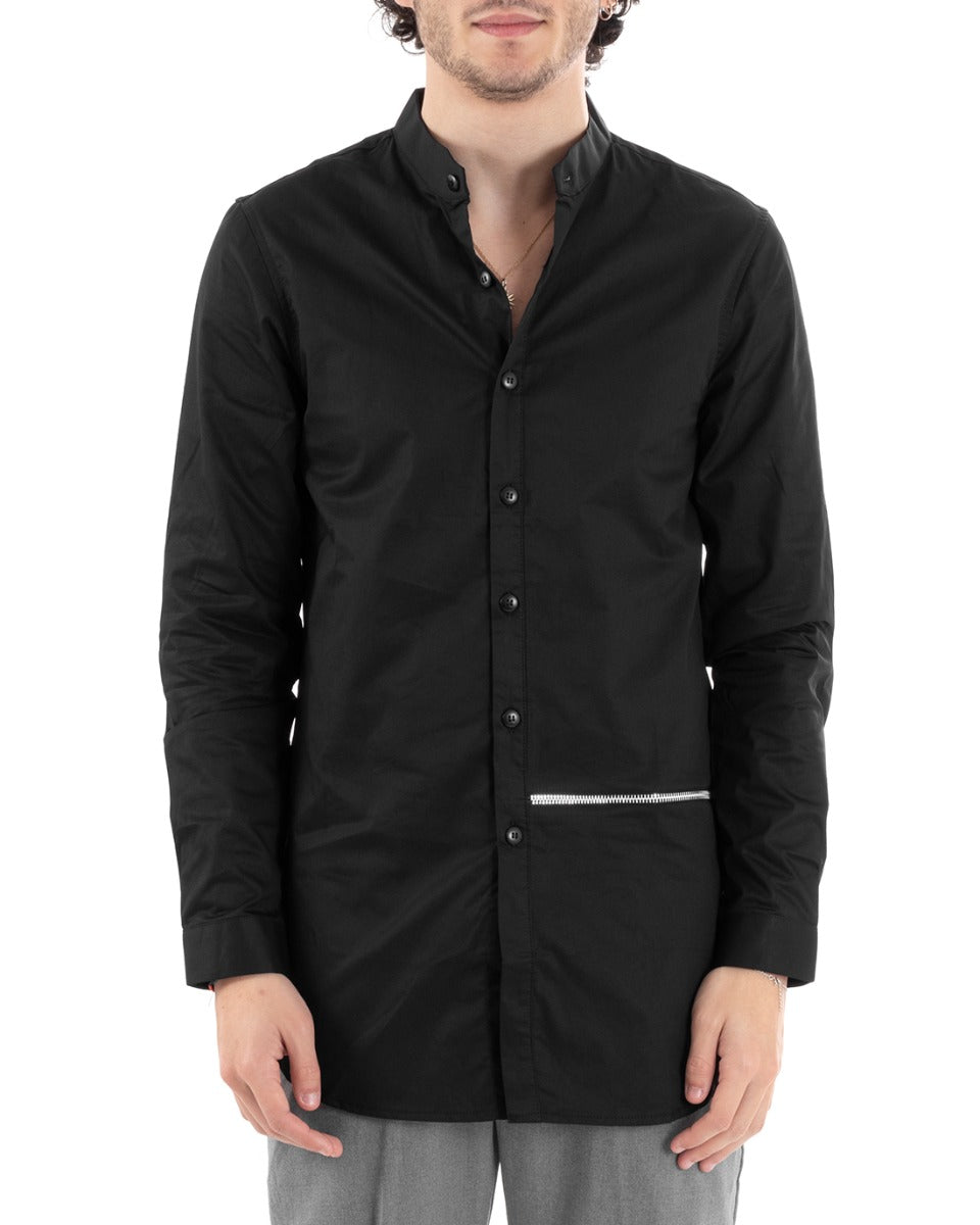 Men's Black Mandarin Collar Shirt Long Sleeve Slim Fit Casual Cotton GIOSAL-C1244A