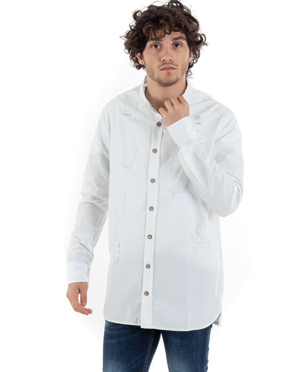 Men's Korean Collar Long Sleeve Casual White Cotton Shirt GIOSAL-C1351A