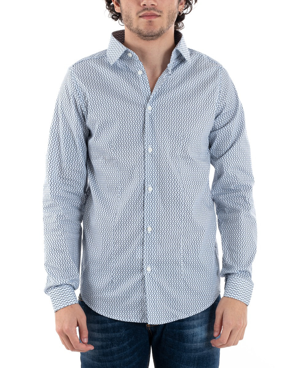 Camicia Uomo Con Colletto Manica Lunga Slim Fit Casual Cotone Fantasia Blu GIOSAL-C1269A