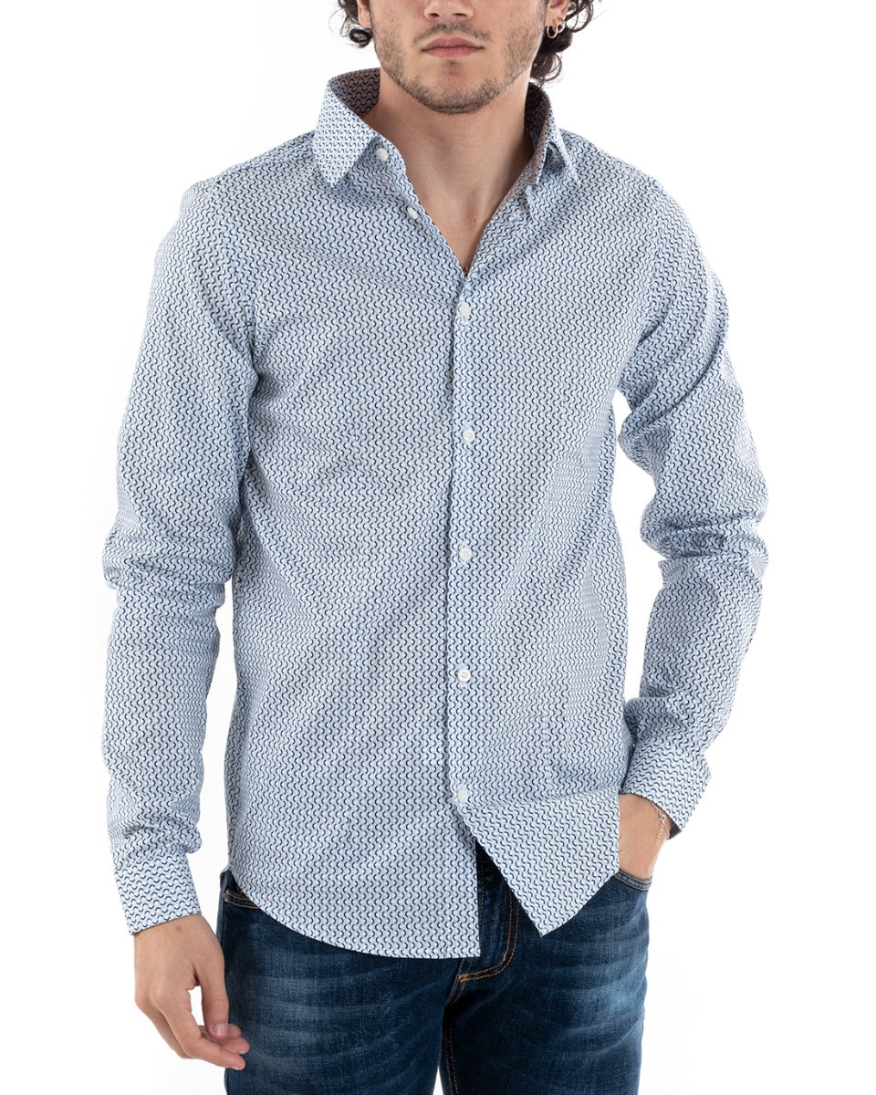Camicia Uomo Con Colletto Manica Lunga Slim Fit Casual Cotone Fantasia Blu GIOSAL-C1269A