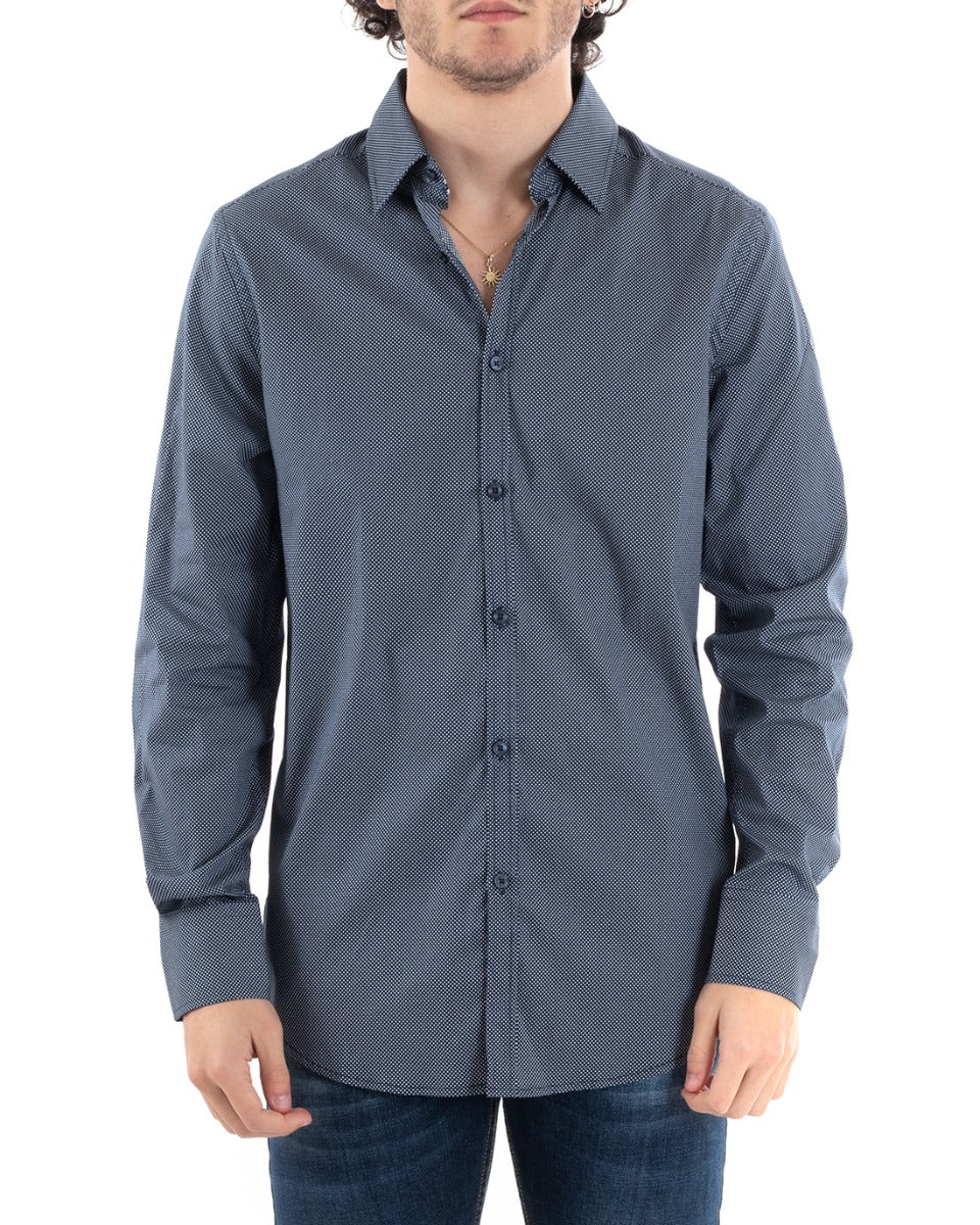 Camicia Uomo Con Colletto Manica Lunga Slim Fit Casual Cotone Fantasia Pois Blu GIOSAL-C1169A