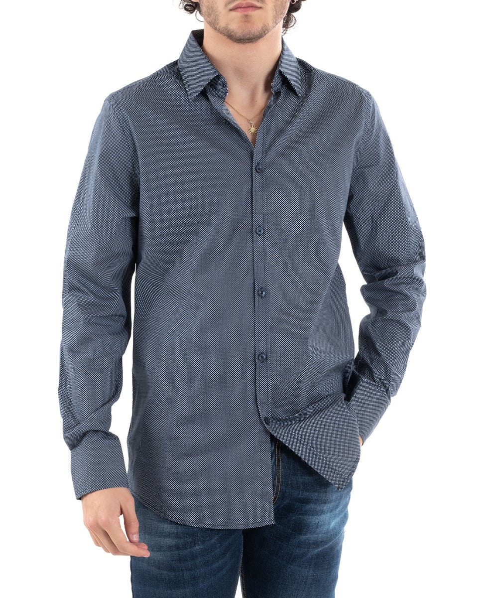 Men's Shirt With Collar Long Sleeve Slim Fit Casual Cotton Polka Dot Pattern Blue GIOSAL-C1169A