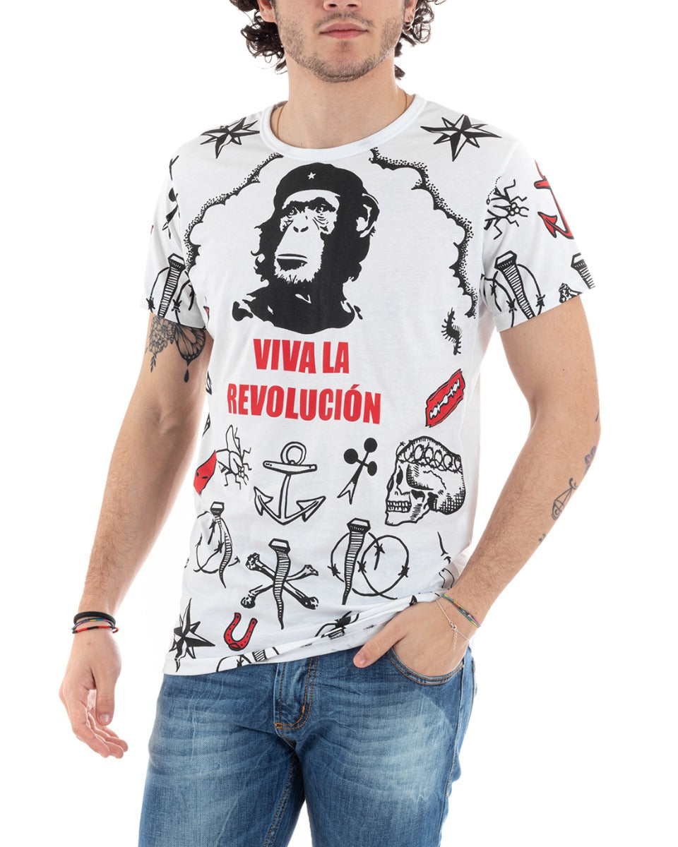 T-Shirt Uomo Mezza Manica Stampa Ancora Rivoluzione Girocollo Bianca Nera Slim GIOSAL