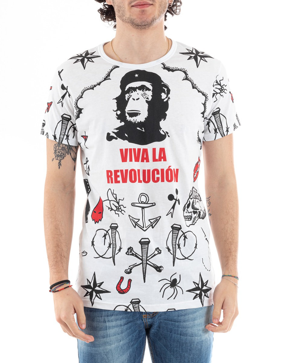 Half Sleeve Men's T-Shirt Still Revolution Print Round Neck White Black Slim GIOSAL