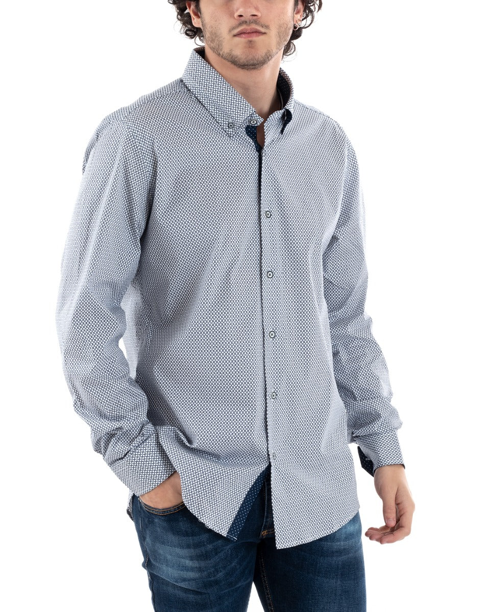 Men's Shirt With Collar Long Sleeve Slim Fit Casual Cotton Polka Dot Pattern Blue GIOSAL-C1181A