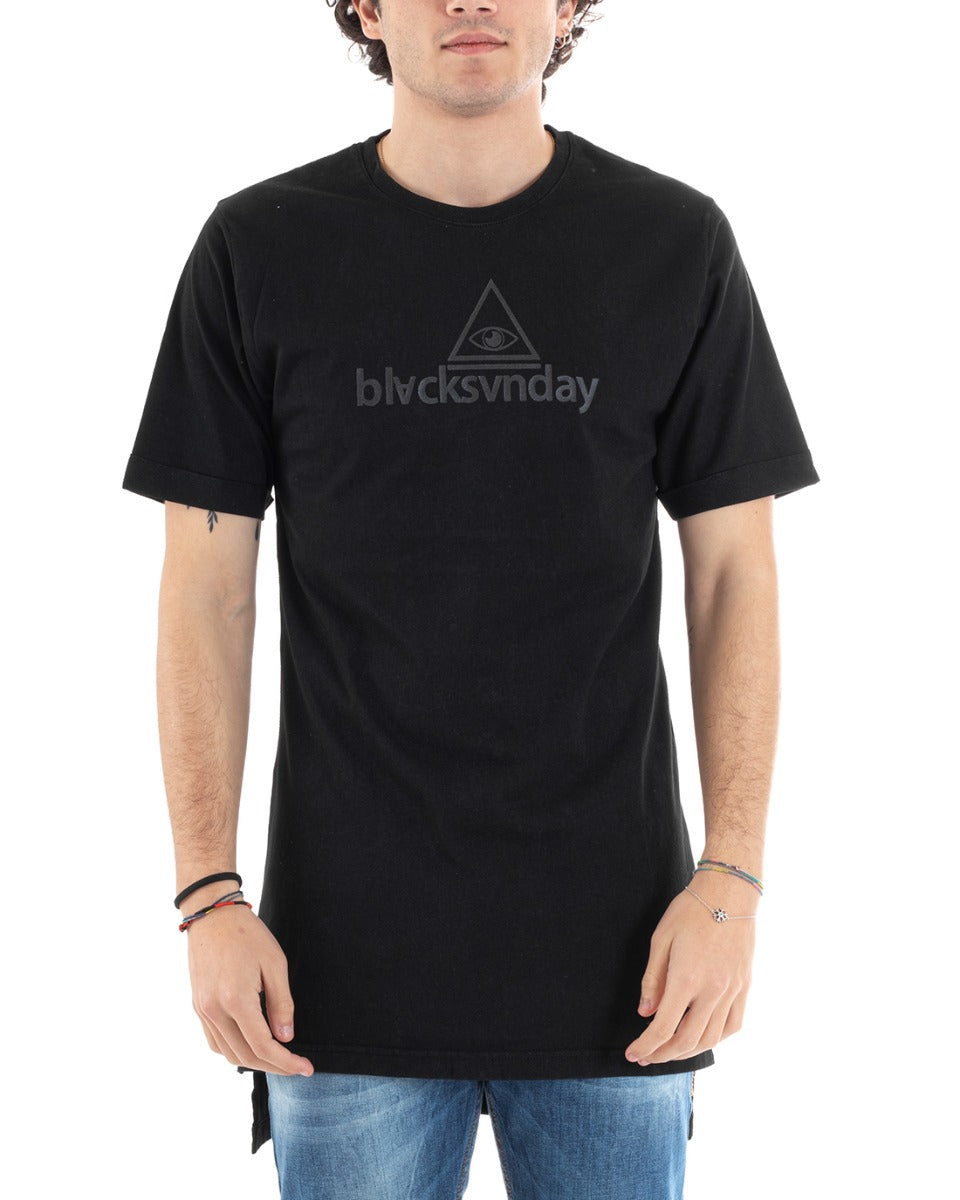 Black Sunday Men's T-Shirt Long Black Crew Neck Written Print Cotton GIOSAL