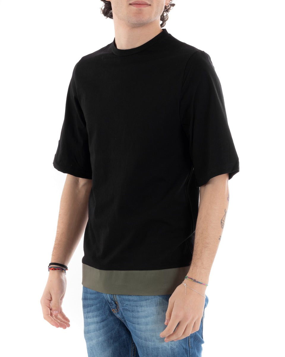 Akirò Men's T-Shirt Solid Color Black Round Neck Green Stripe Cotton Short Sleeve GIOSAL