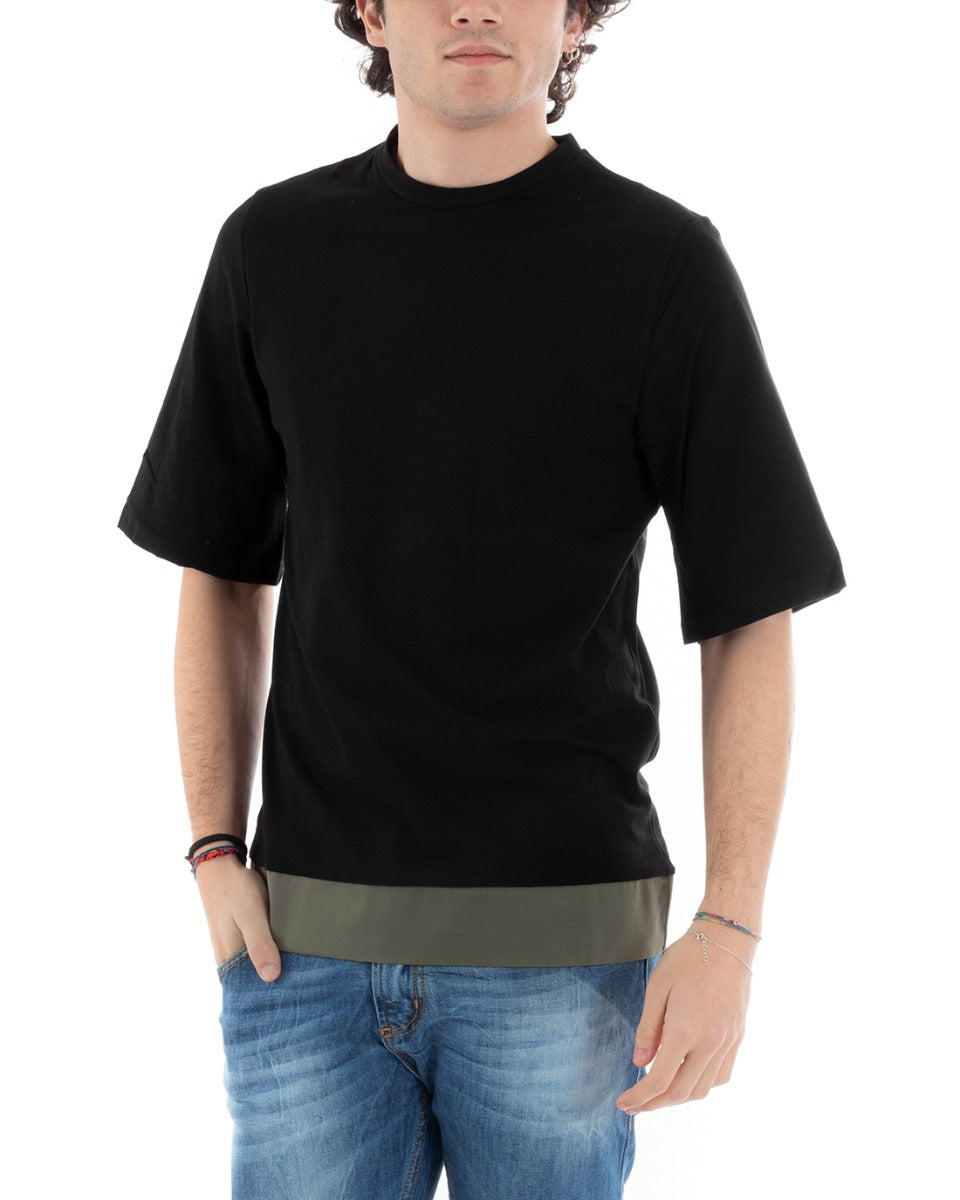 Akirò Men's T-Shirt Solid Color Black Round Neck Green Stripe Cotton Short Sleeve GIOSAL