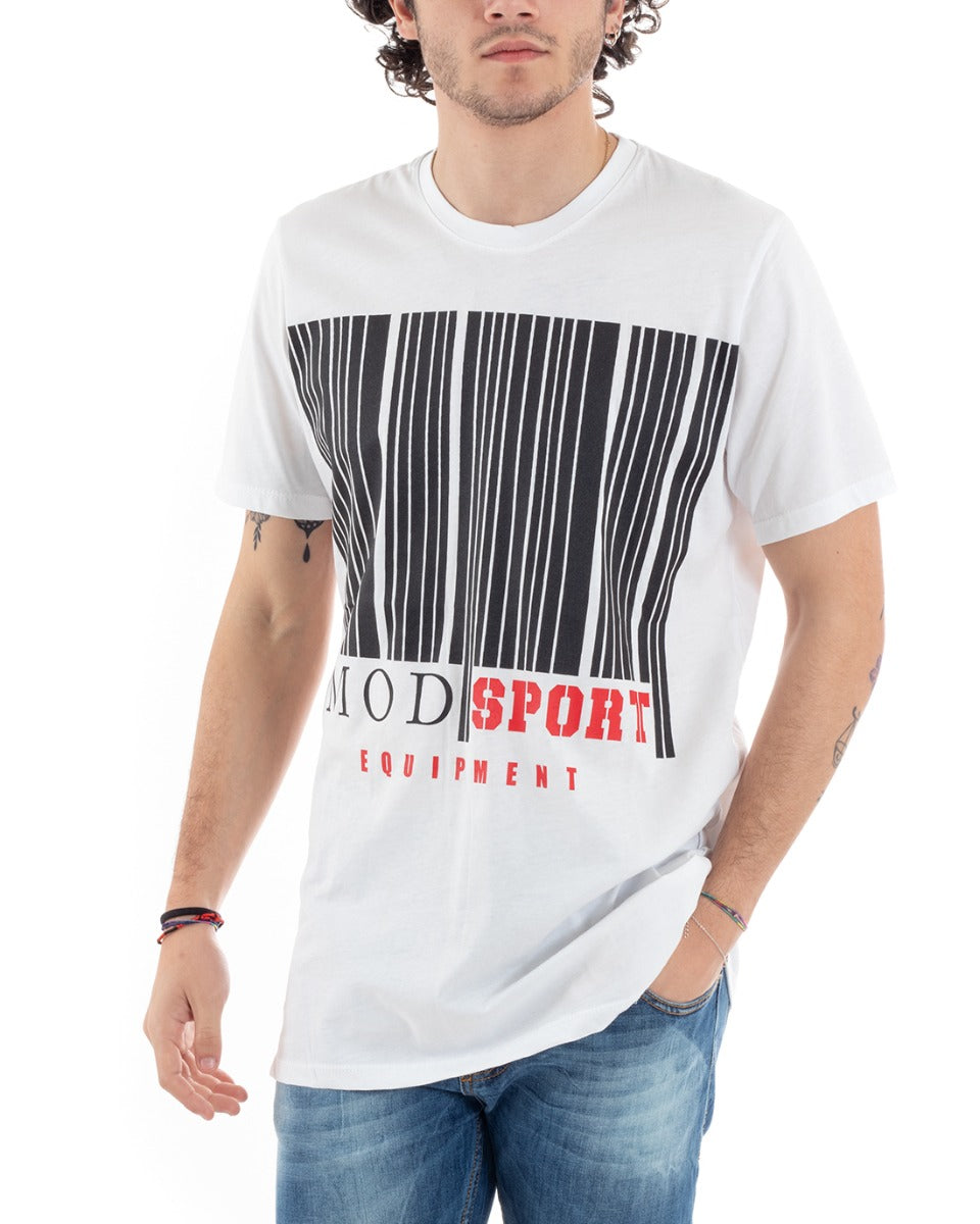 White MOD Men's T-Shirt Striped Written Print Short Sleeve Crew Neck Casual GIOSAL