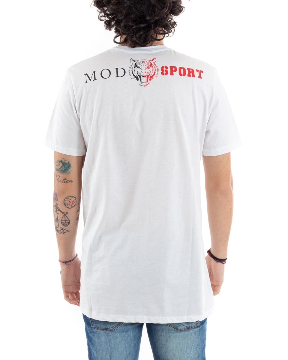 White MOD Men's T-Shirt Striped Written Print Short Sleeve Crew Neck Casual GIOSAL