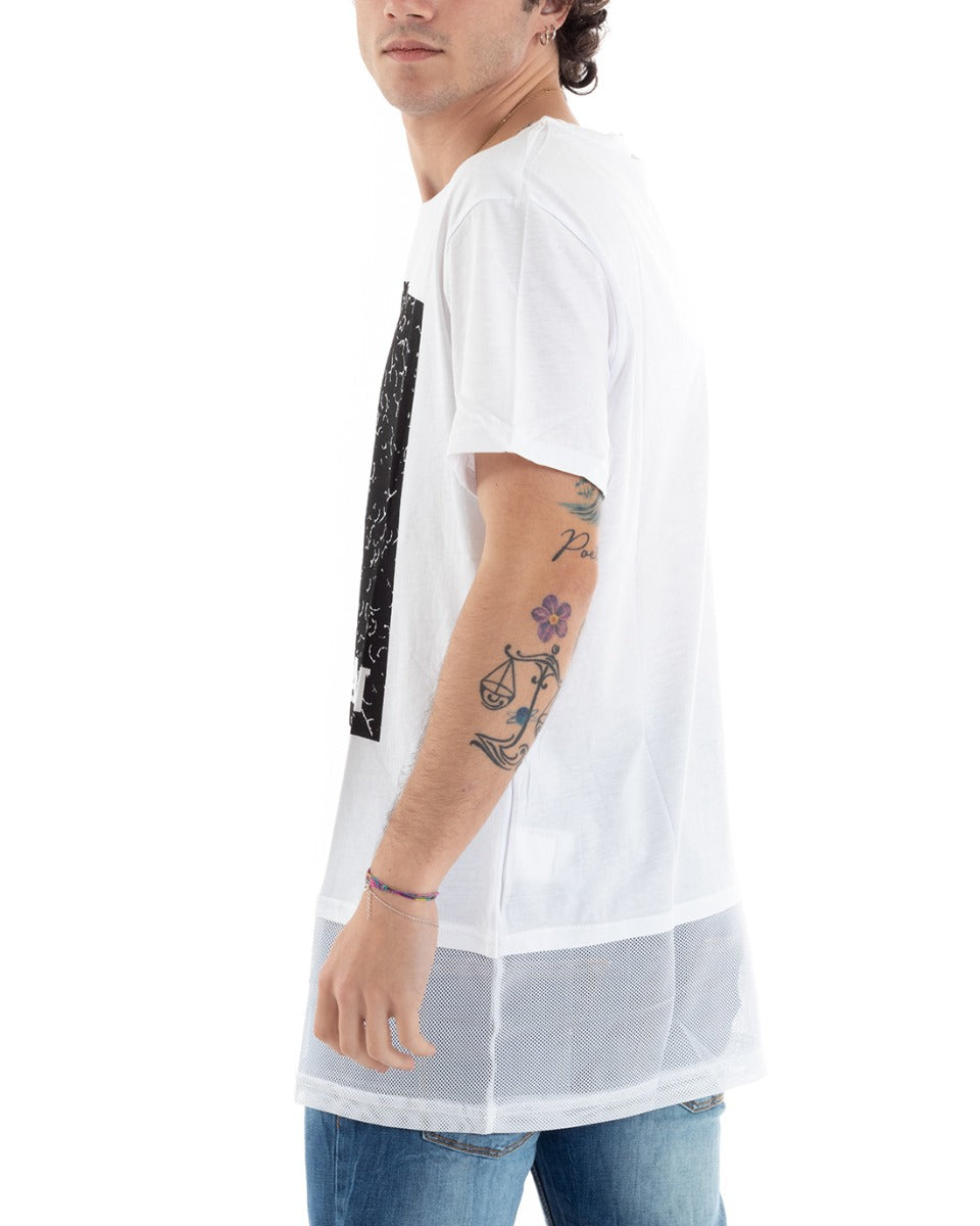 Men's T-Shirt Half Long Sleeve Mesh Slim Man Print White GIOSAL